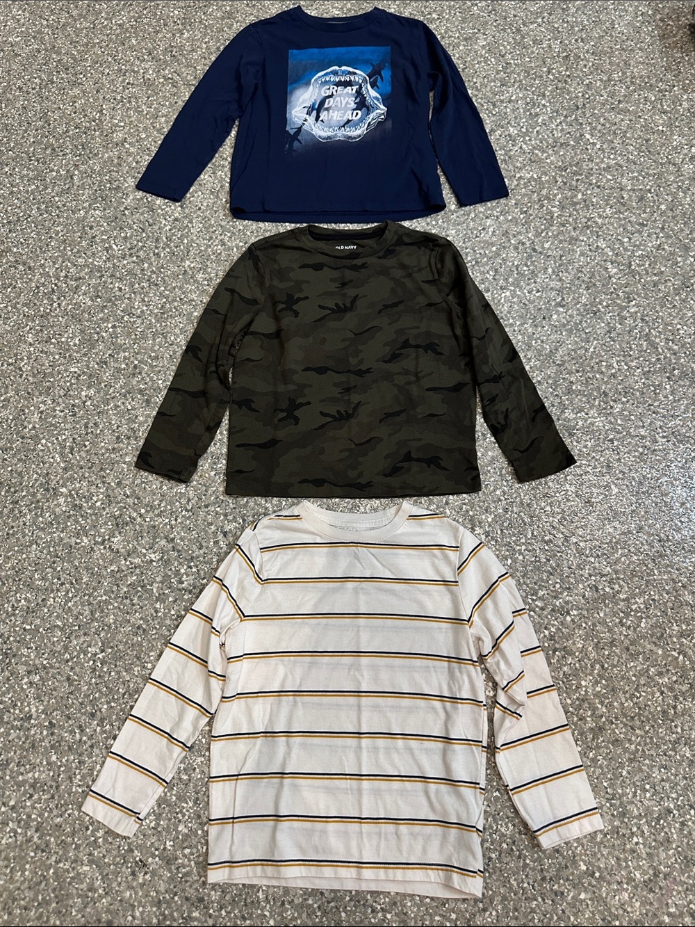 Old Navy Navy Graphic Long-Sleeve Tee, Olive Camo Top, Cream Striped Long Sleeve